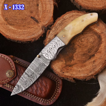 Handmade Damascus Folding  Blade Pocket Hunting Knife Inner Lock Camel Bone Handle