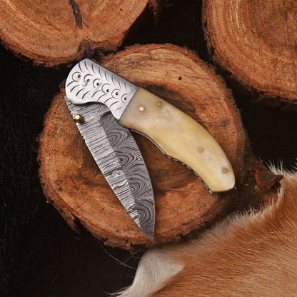 Handmade Damascus Folding  Blade Pocket Hunting Knife Inner Lock Camel Bone Handle