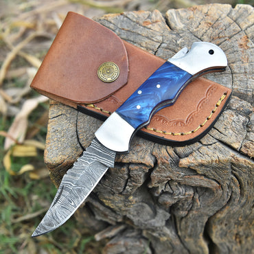 Custom Damascus Steel Folding Knife Outdoor Hiking Utility Pocket Tool