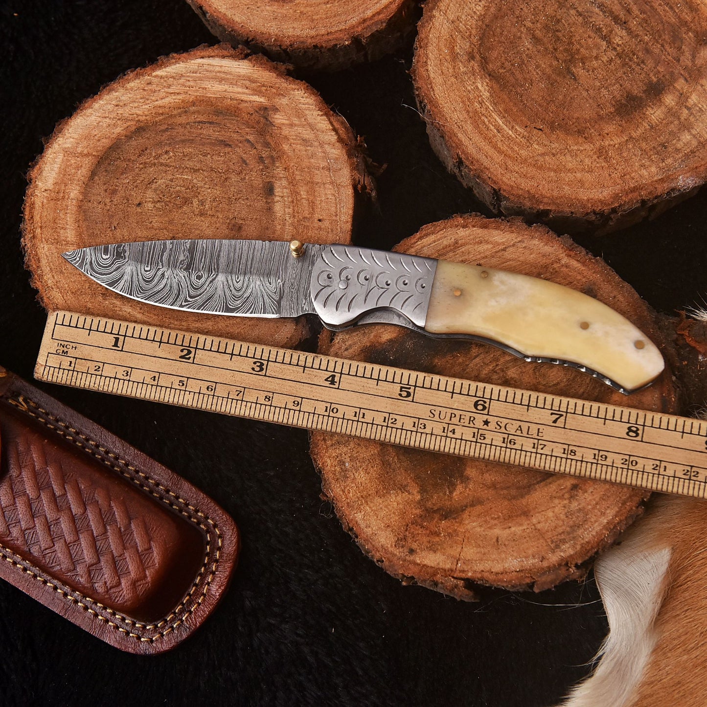 Handmade Damascus Folding  Blade Pocket Hunting Knife Inner Lock Camel Bone Handle