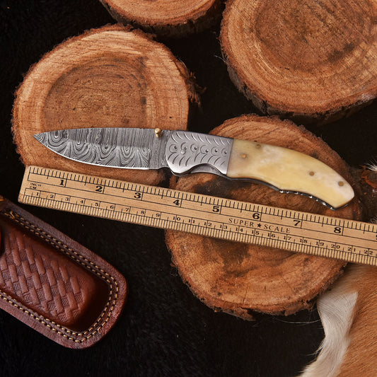 Handmade Damascus Folding  Blade Pocket Hunting Knife Inner Lock Camel Bone Handle