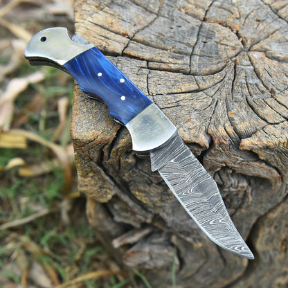 Custom Damascus Steel Folding Knife Outdoor Hiking Utility Pocket Tool