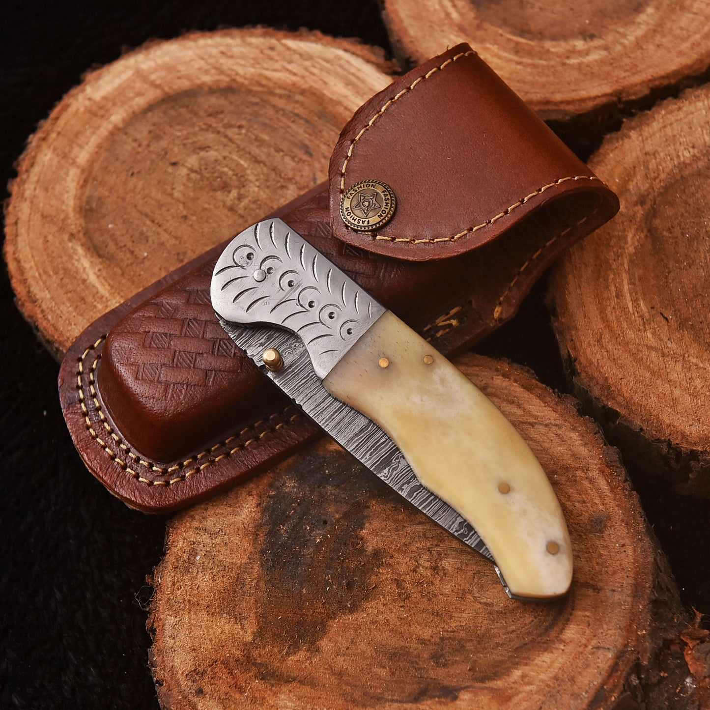 Handmade Damascus Folding  Blade Pocket Hunting Knife Inner Lock Camel Bone Handle