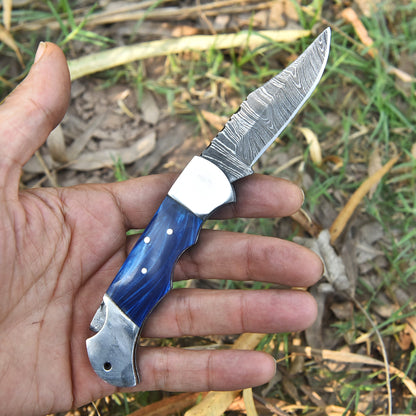Custom Damascus Steel Folding Knife Outdoor Hiking Utility Pocket Tool