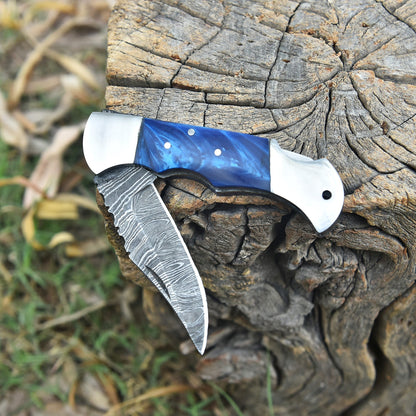 Custom Damascus Steel Folding Knife Outdoor Hiking Utility Pocket Tool