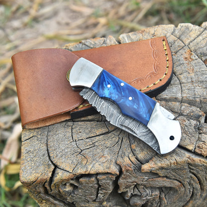 Custom Damascus Steel Folding Knife Outdoor Hiking Utility Pocket Tool