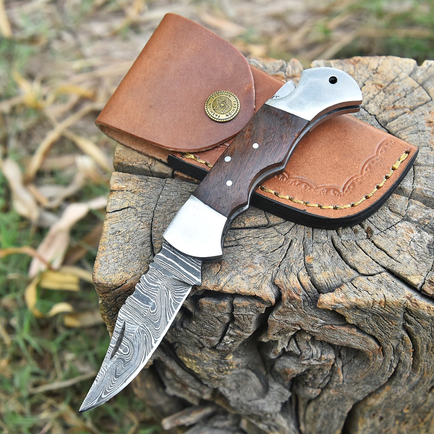 Premium Damascus Folding Pocket Knife Camping Hiking Bushcraft Tool