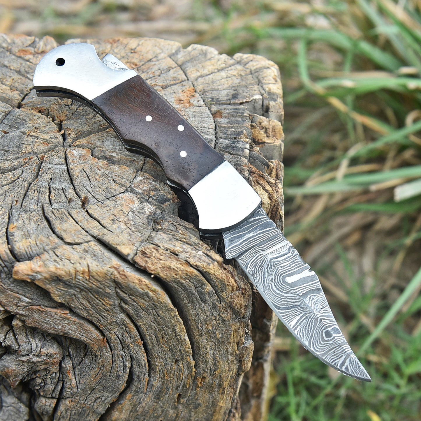 Premium Damascus Folding Pocket Knife Camping Hiking Bushcraft Tool