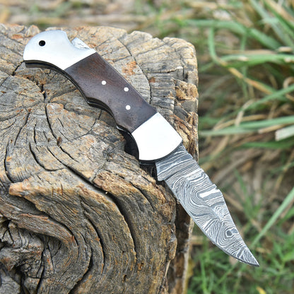 Premium Damascus Folding Pocket Knife Camping Hiking Bushcraft Tool