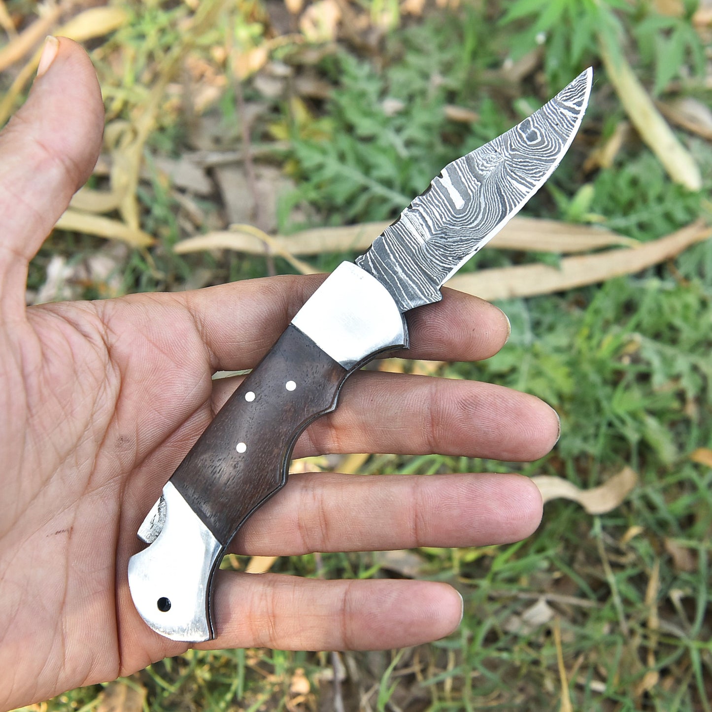 Premium Damascus Folding Pocket Knife Camping Hiking Bushcraft Tool