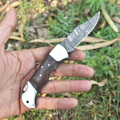 Premium Damascus Folding Pocket Knife Camping Hiking Bushcraft Tool