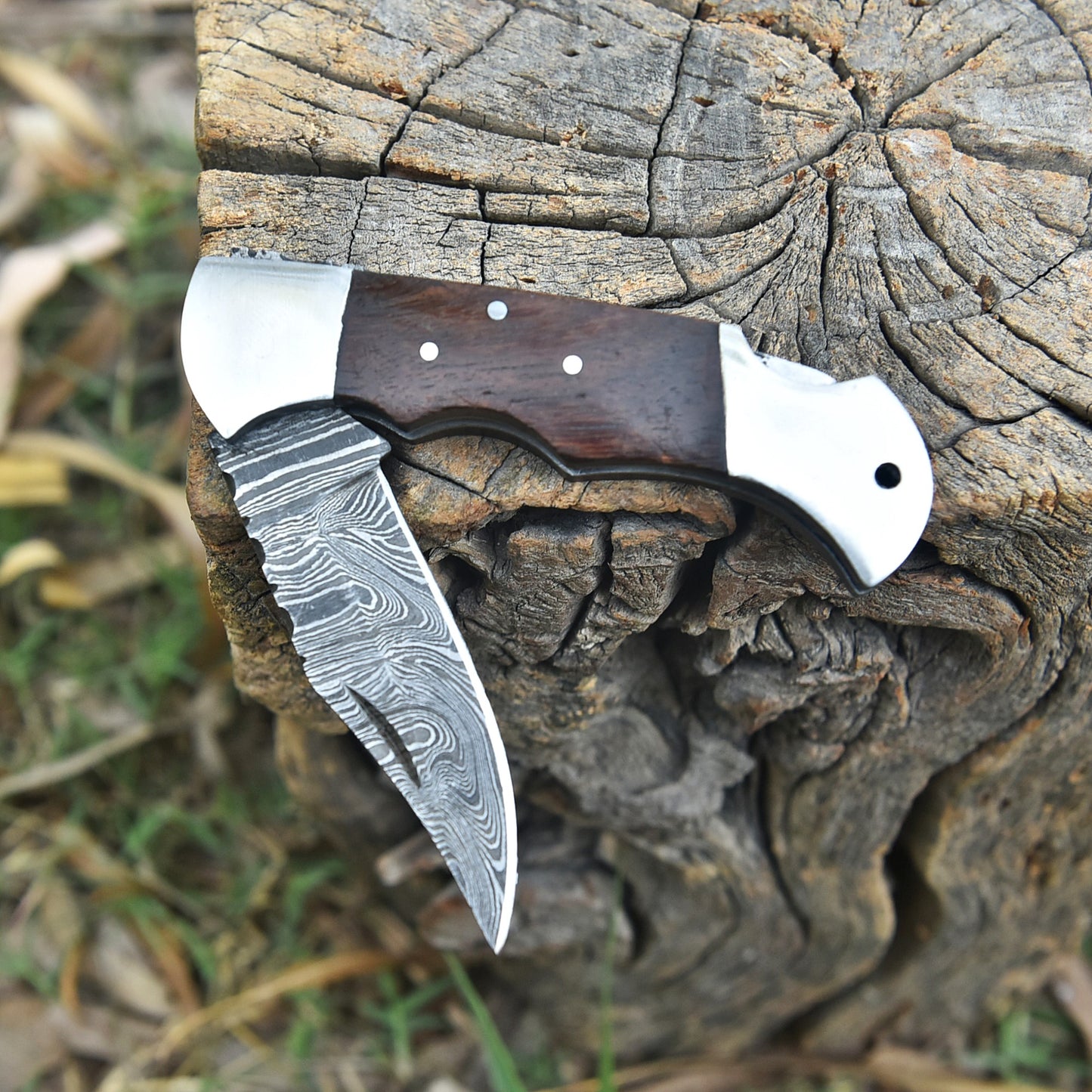 Premium Damascus Folding Pocket Knife Camping Hiking Bushcraft Tool