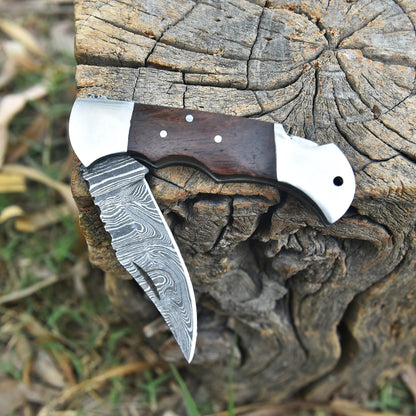 Premium Damascus Folding Pocket Knife Camping Hiking Bushcraft Tool