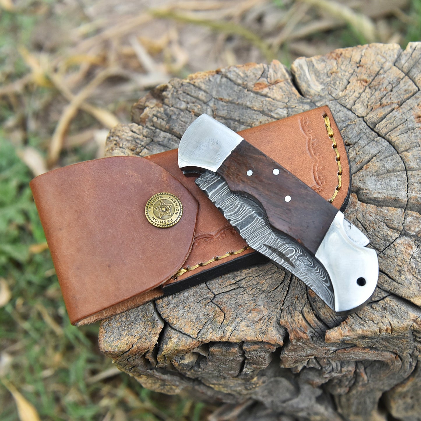 Premium Damascus Folding Pocket Knife Camping Hiking Bushcraft Tool