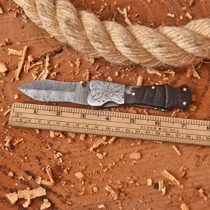 Handmade Damascus Folding Blade Hunting Pocket Knife Ram Horn Handle