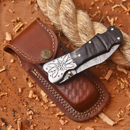 Handmade Damascus Folding Blade Hunting Pocket Knife Ram Horn Handle