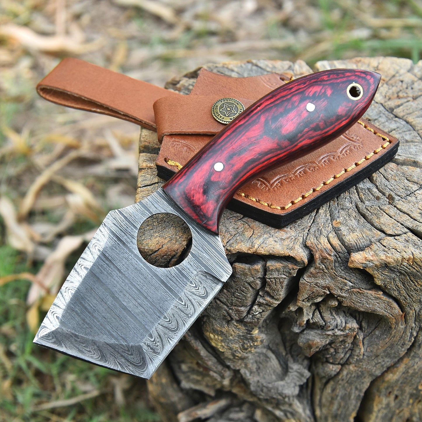 Handmade Damascus Steel Mini Cleaver Fixed Blade Knife EDC Utility Tool