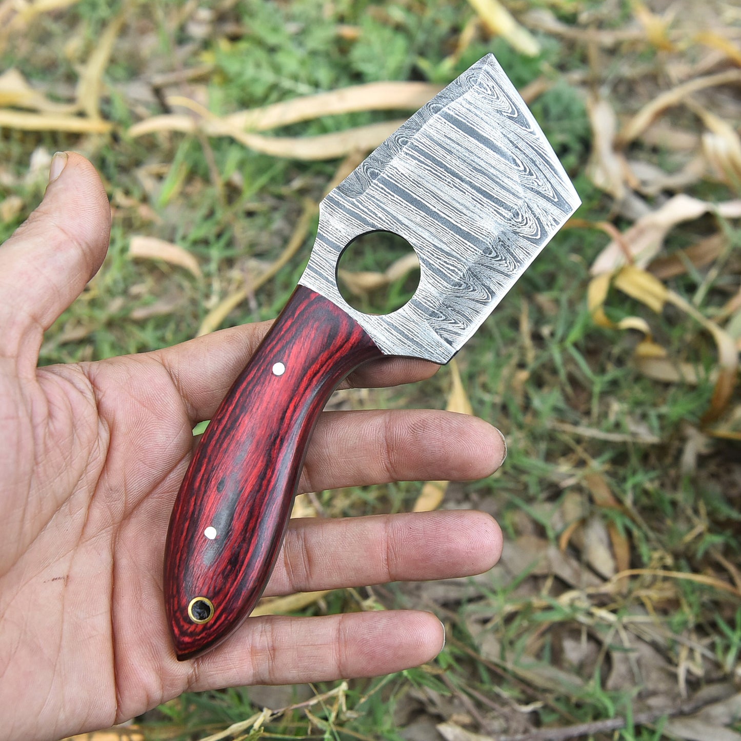 Handmade Damascus Steel Mini Cleaver Fixed Blade Knife EDC Utility Tool
