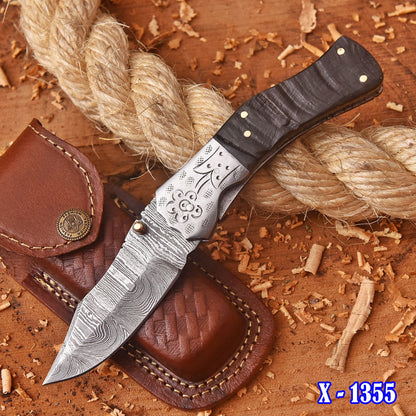 Handmade Damascus Folding Blade Pocket Knife Ram Horn Handle Camping Knife