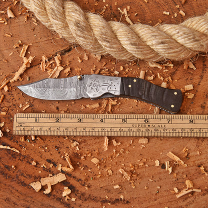 Handmade Damascus Folding Blade Pocket Knife Ram Horn Handle Camping Knife