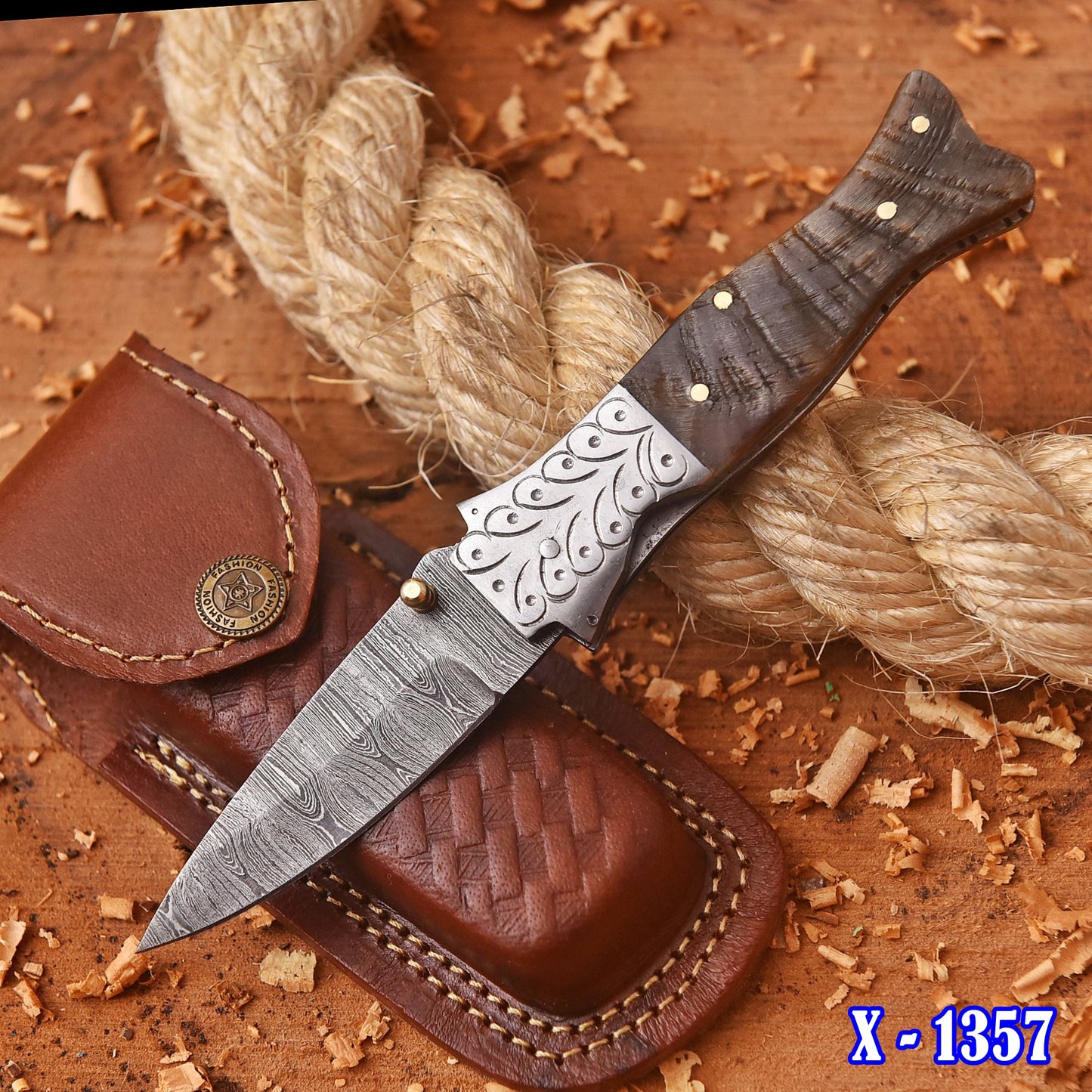 Handmade Damascus Pocket Folding Knife Ram Horn Handle Camping Knife