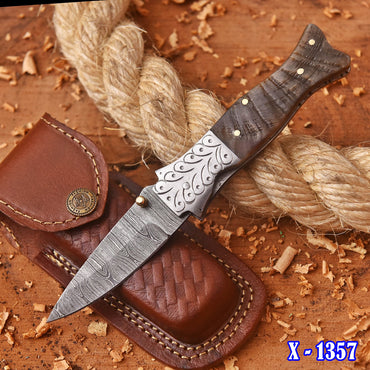 Handmade Damascus Pocket Folding Knife Ram Horn Handle Camping Knife