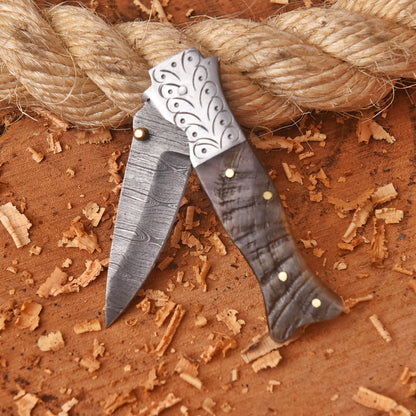 Handmade Damascus Pocket Folding Knife Ram Horn Handle Camping Knife