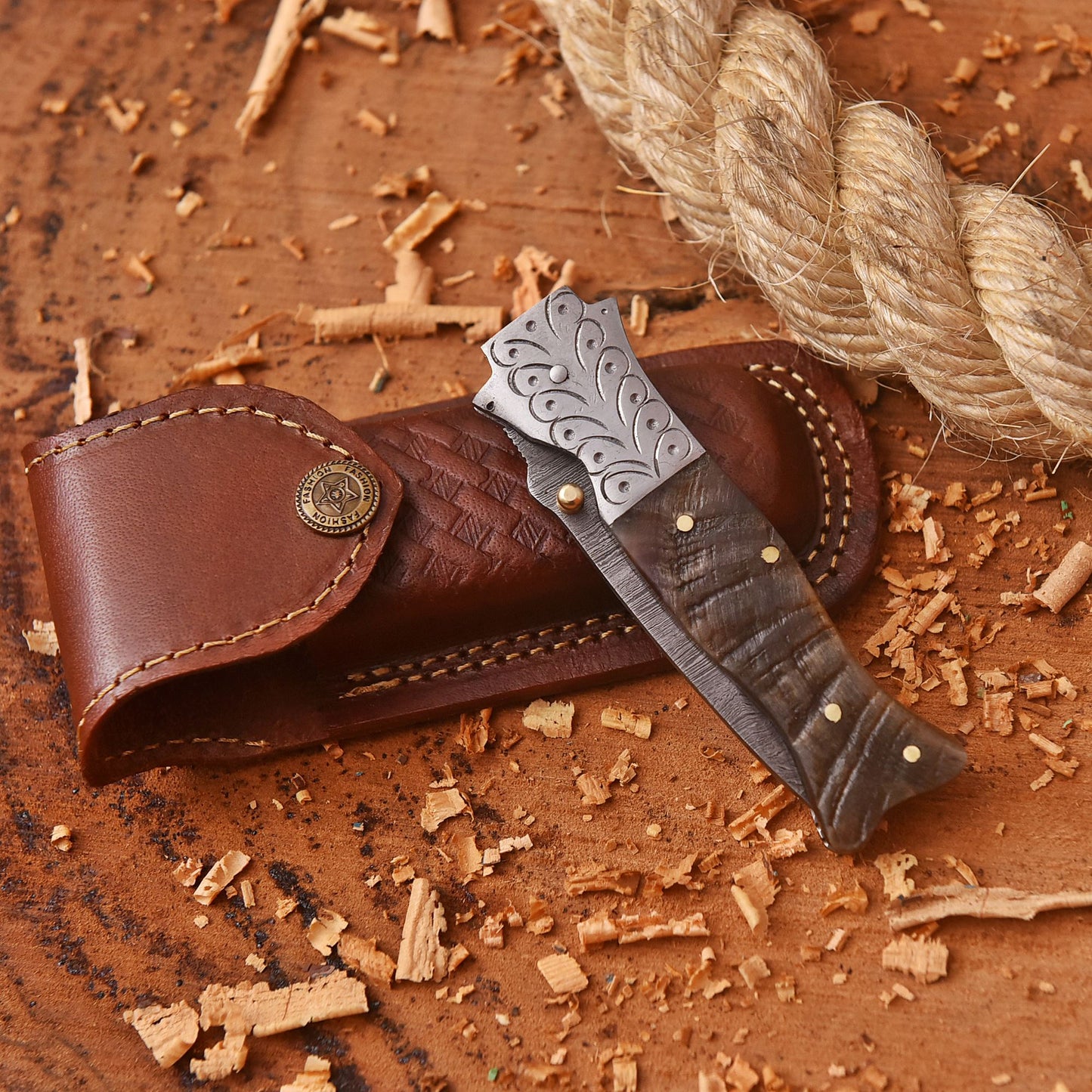 Handmade Damascus Pocket Folding Knife Ram Horn Handle Camping Knife