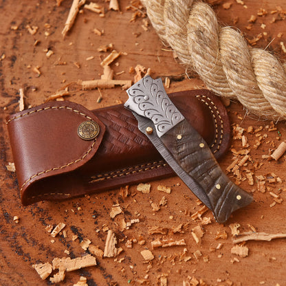 Handmade Damascus Pocket Folding Knife Ram Horn Handle Camping Knife