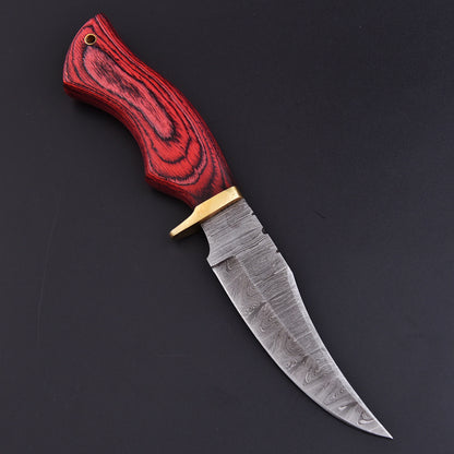 Handmade Damascus Camping Tactical Skinning Knife Wood Handle Brass Guard