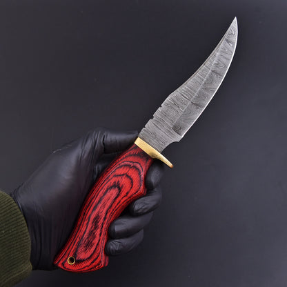 Handmade Damascus Camping Tactical Skinning Knife Wood Handle Brass Guard