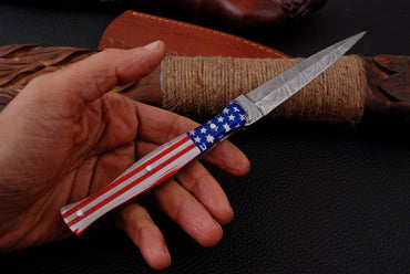 8.5" Damascus Knife US Flag Handle Ideal Boot Fixed Dagger with Leather Sheath x-128