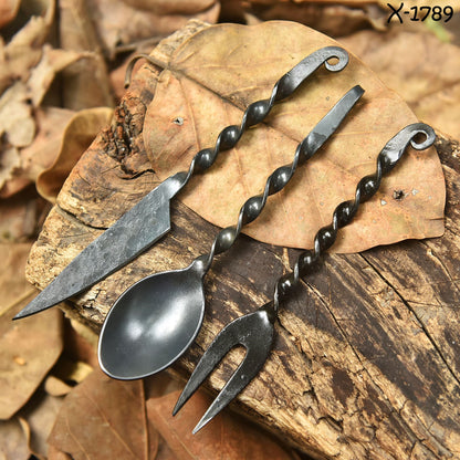Handmade Outdoor Hunter Utensil Set  Artisan Forged Cutlery Set