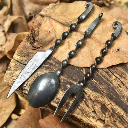 Handmade Outdoor Hunter Utensil Set  Artisan Forged Cutlery Set