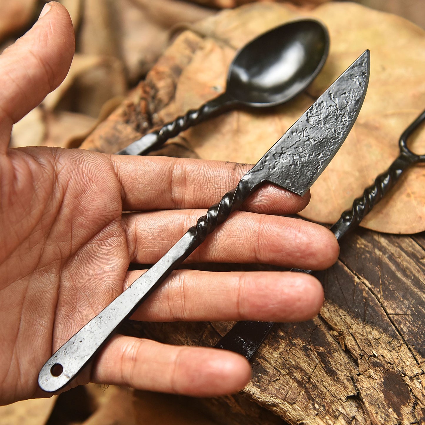 Handmade Traditional Hunter Camp  3-Piece Set Cutlery Artisan Forged