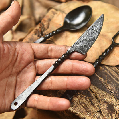 Handmade Traditional Hunter Camp  3-Piece Set Cutlery Artisan Forged