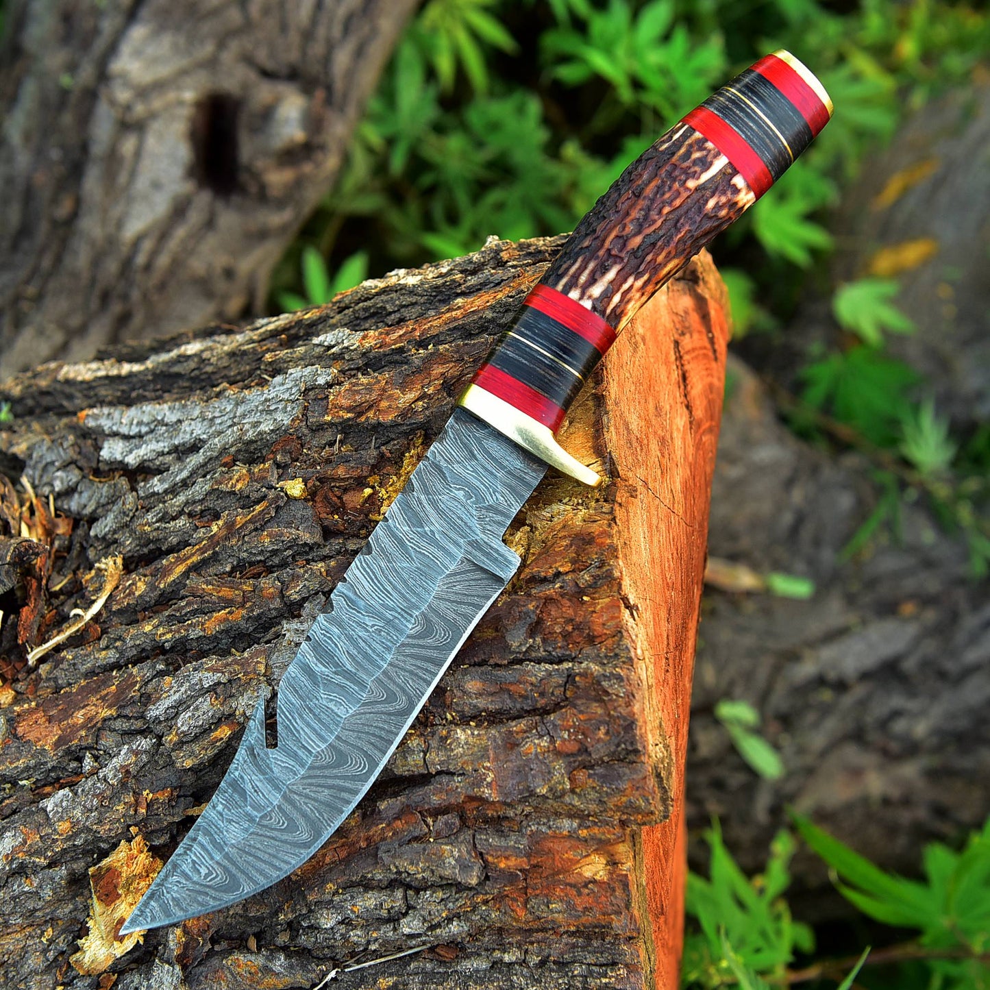 Custom Handmade Damascus Steel Gut Hook Blade Hunting Camping Knife