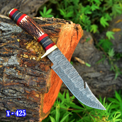 Custom Handmade Damascus Steel Gut Hook Blade Hunting Camping Knife