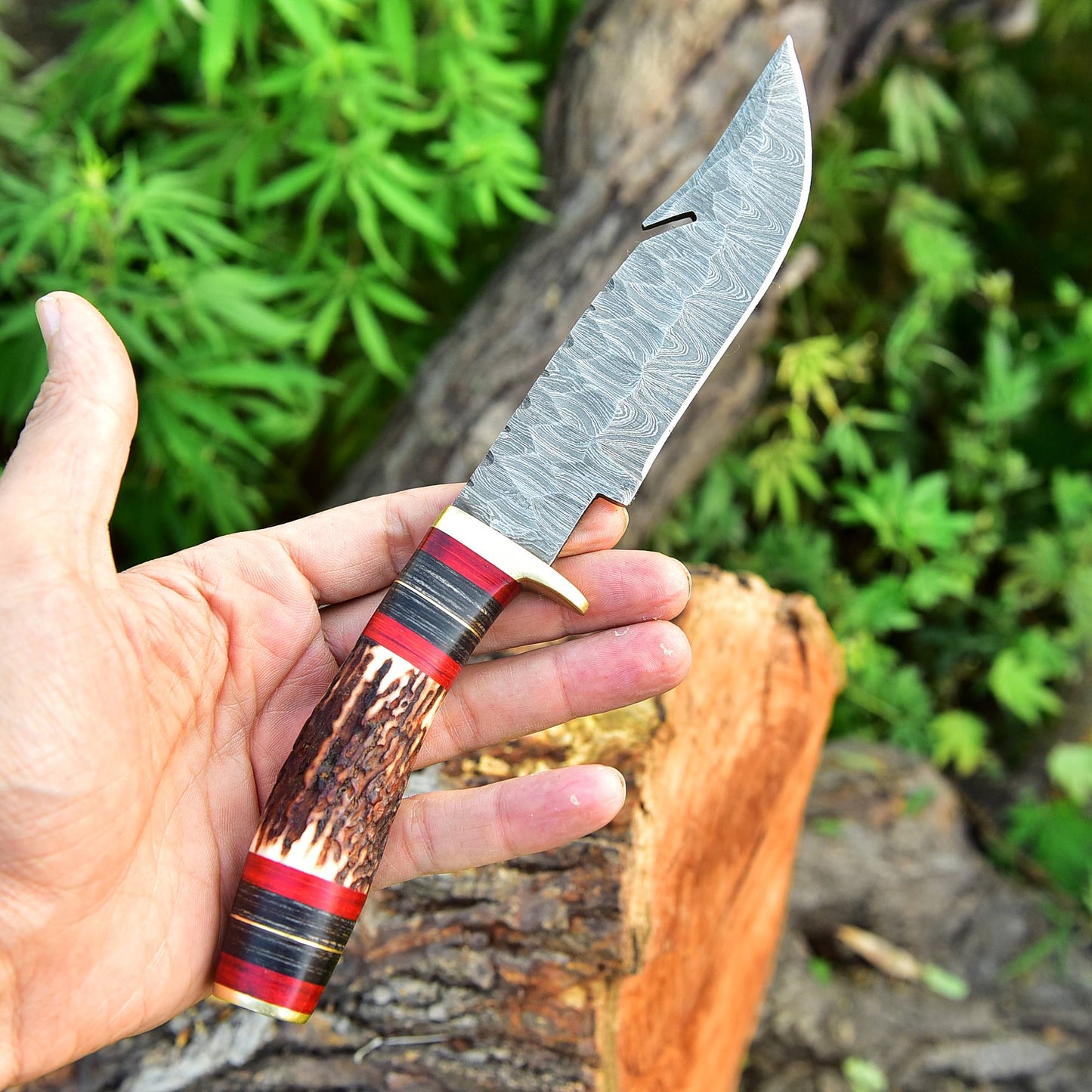 Custom Handmade Damascus Steel Gut Hook Blade Hunting Camping Knife