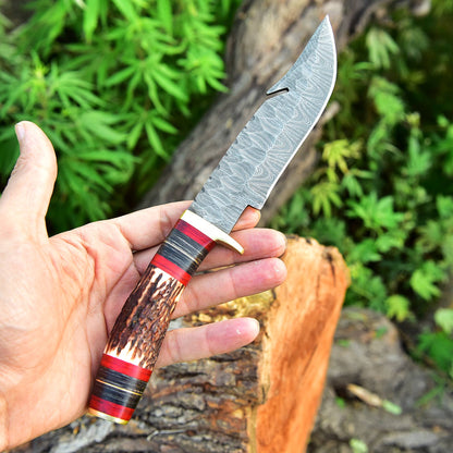 Custom Handmade Damascus Steel Gut Hook Blade Hunting Camping Knife