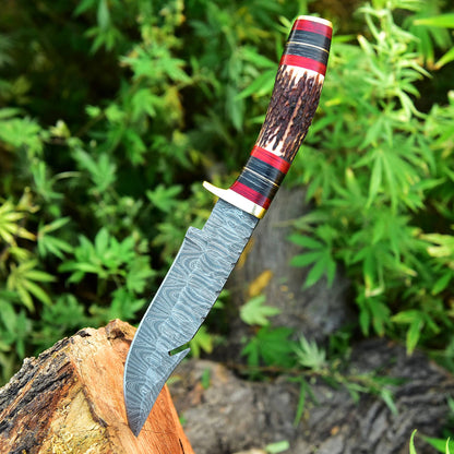 Custom Handmade Damascus Steel Gut Hook Blade Hunting Camping Knife