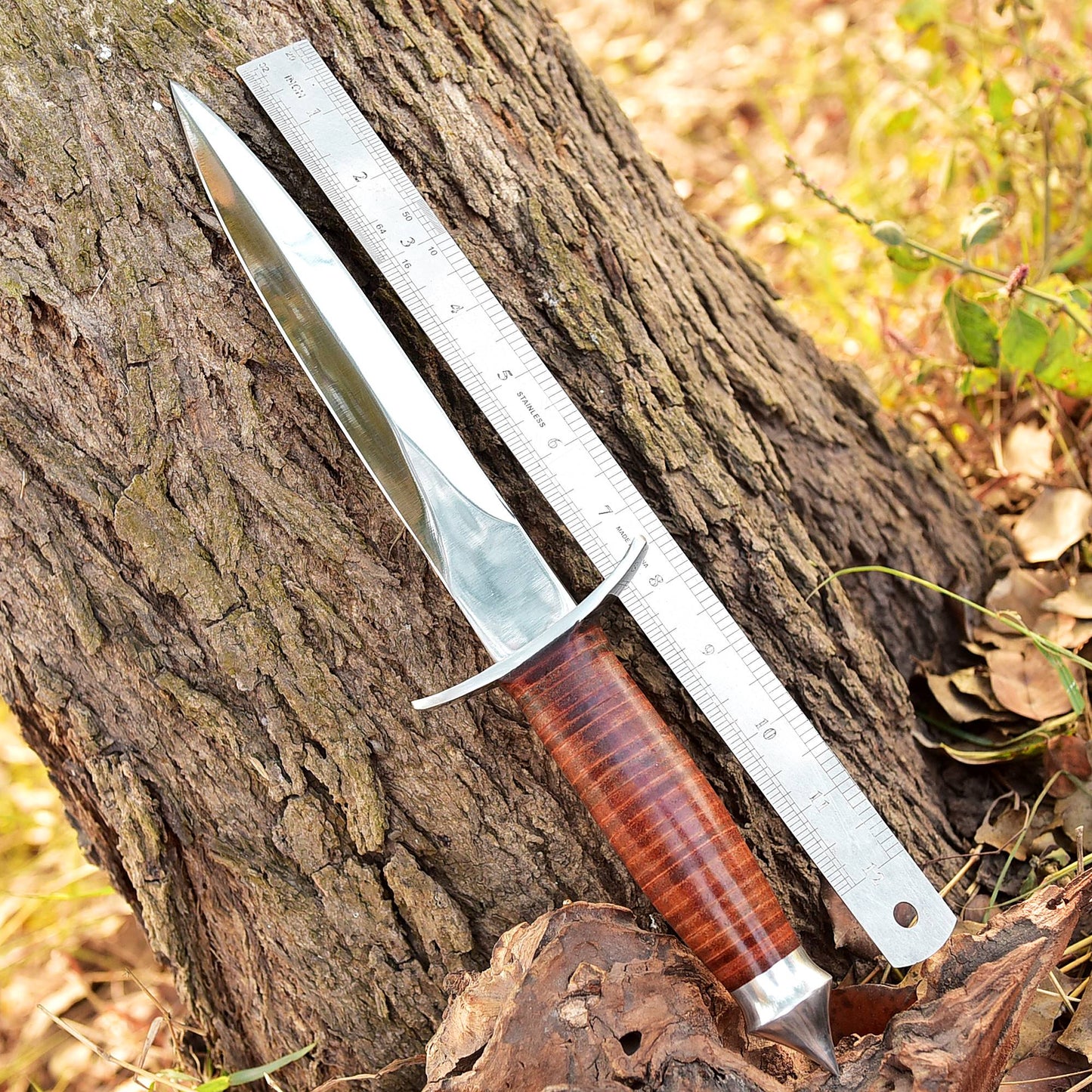 Handmade Carbon Steel Double Edge Blade Dagger Knife Leather Handle