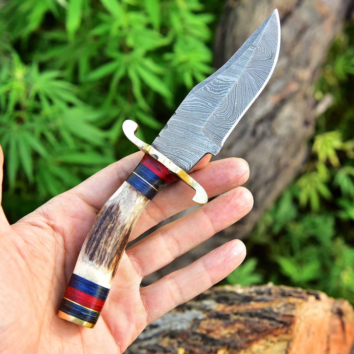 Custom Handmade Damascus Steel Blade Skinner Stage Brass Guard Handle