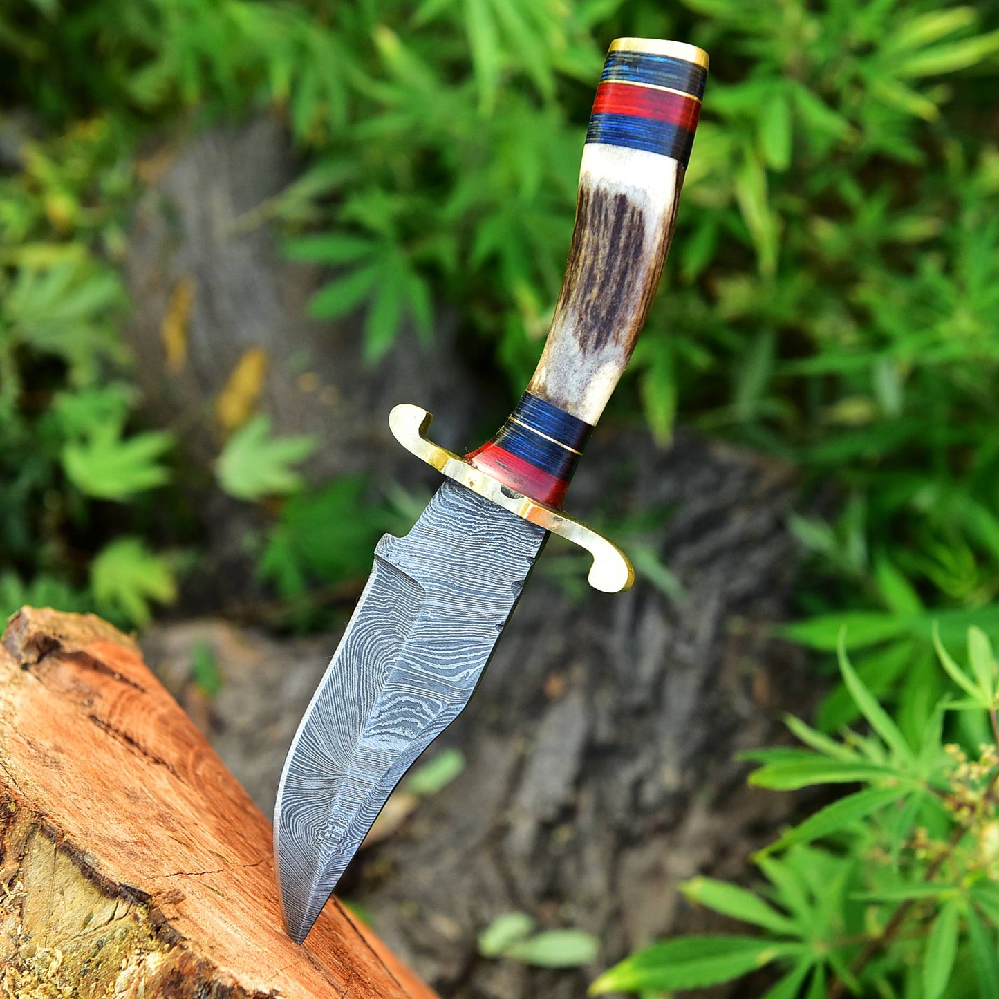 Custom Handmade Damascus Steel Blade Skinner Stage Brass Guard Handle