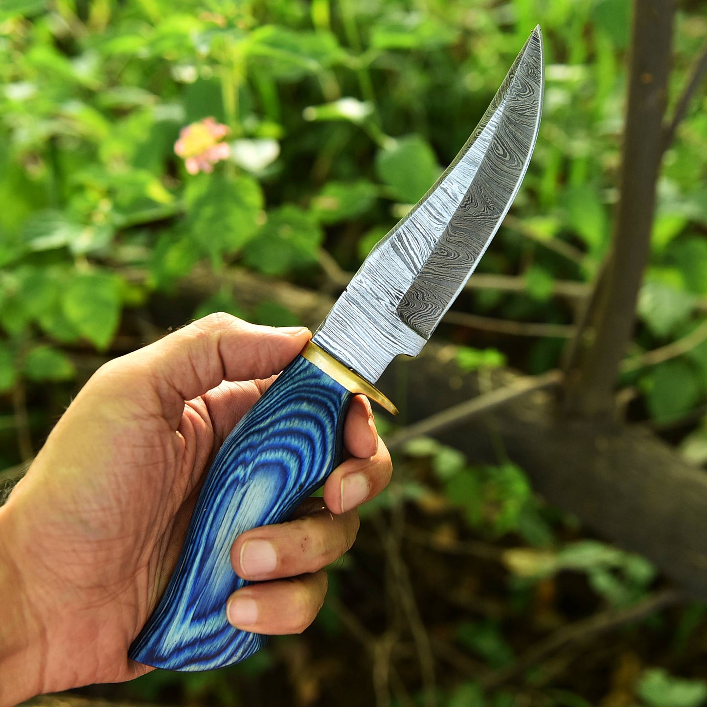 Handmade Damascus Skinning Hunting Camping Knife Wood Brass Guard Handle