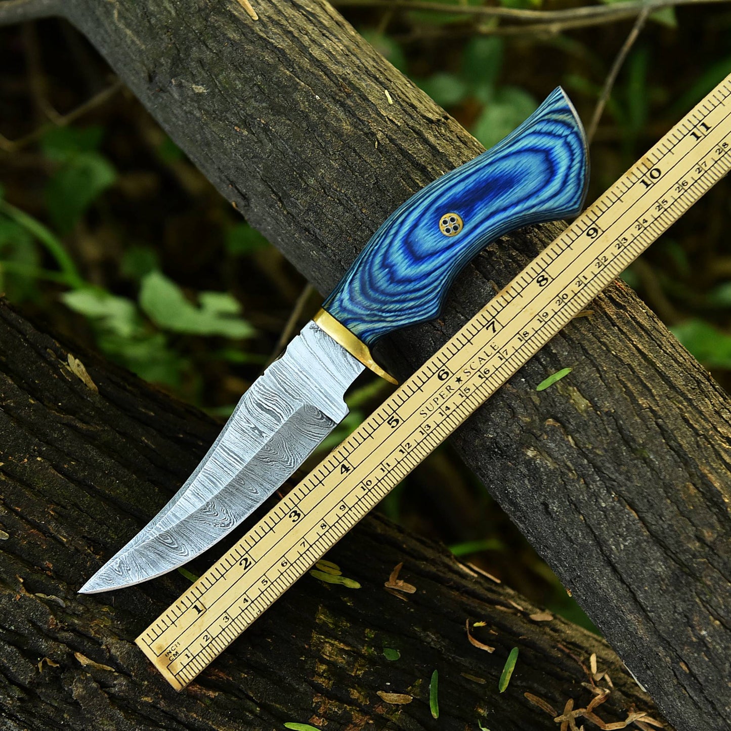 Handmade Damascus Skinning Hunting Camping Knife Wood Brass Guard Handle