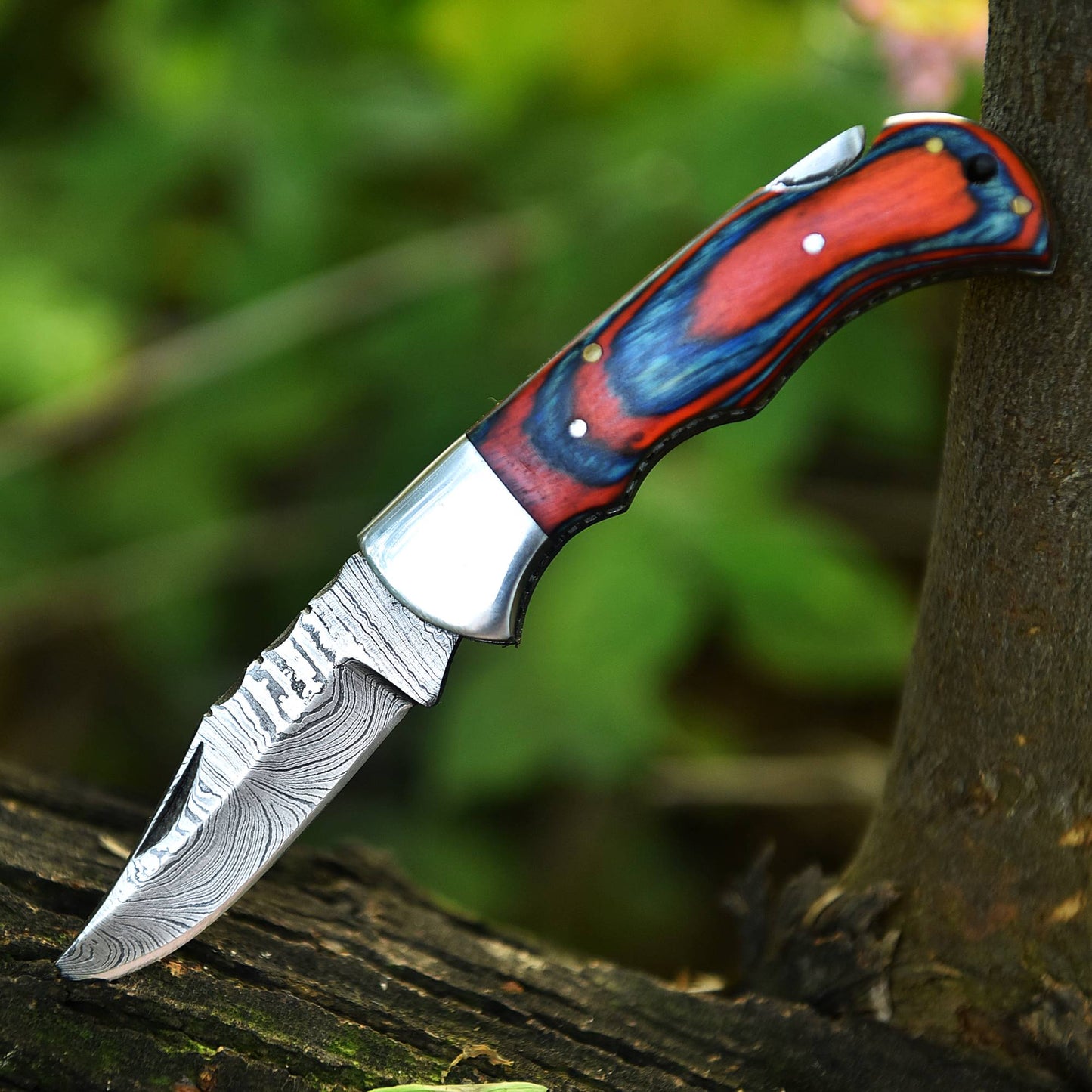 Customs Handmade Damascus Steel Hunting Folding Knife Steel Wood Handle