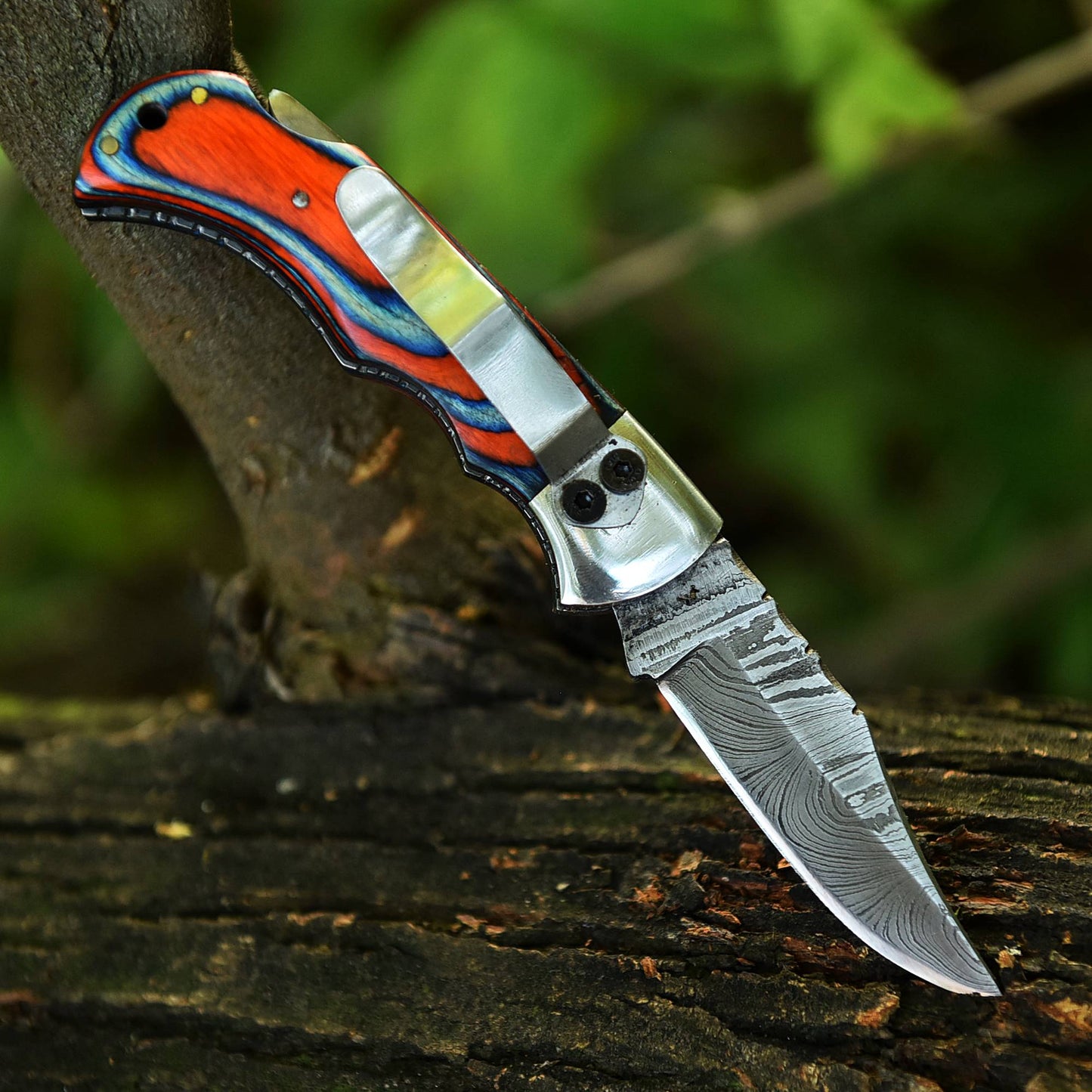 Customs Handmade Damascus Steel Hunting Folding Knife Steel Wood Handle