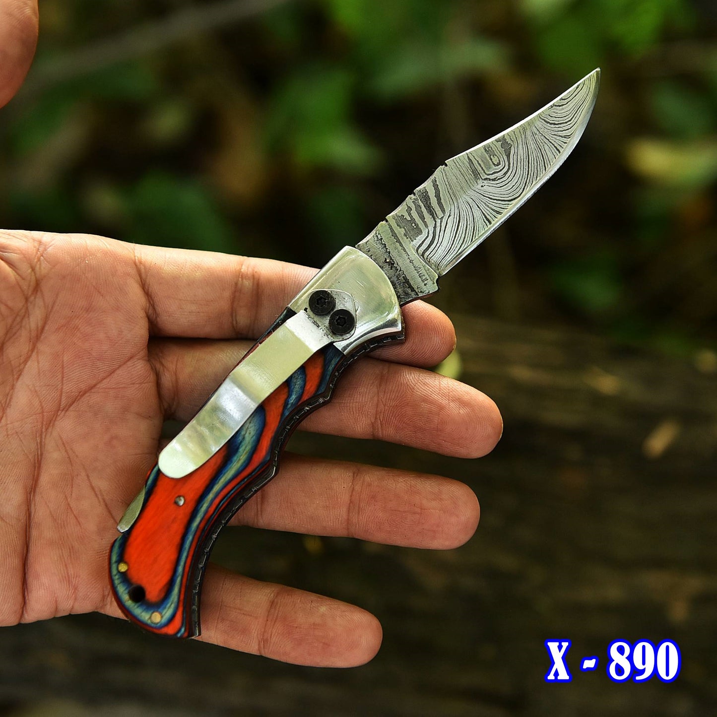 Customs Handmade Damascus Steel Hunting Folding Knife Steel Wood Handle