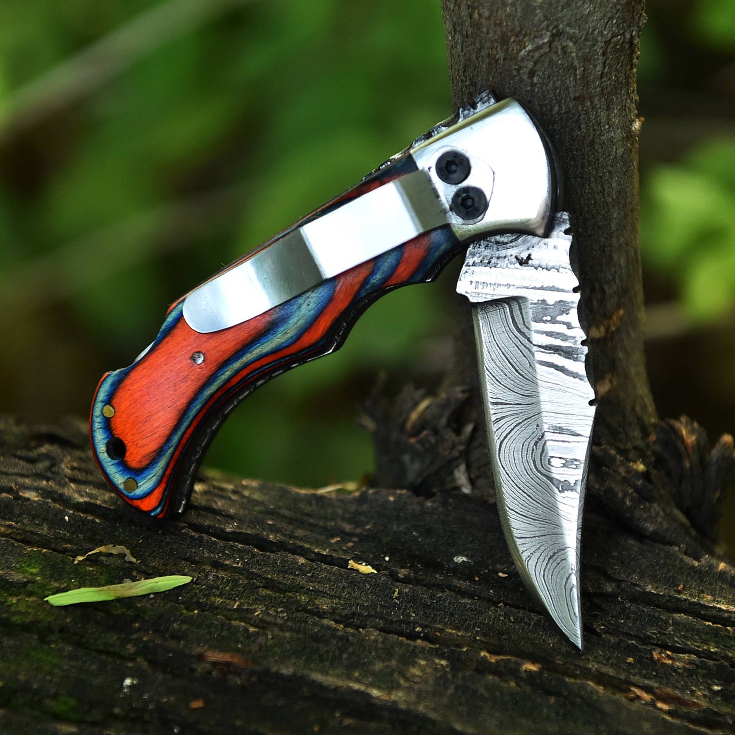 Customs Handmade Damascus Steel Hunting Folding Knife Steel Wood Handle